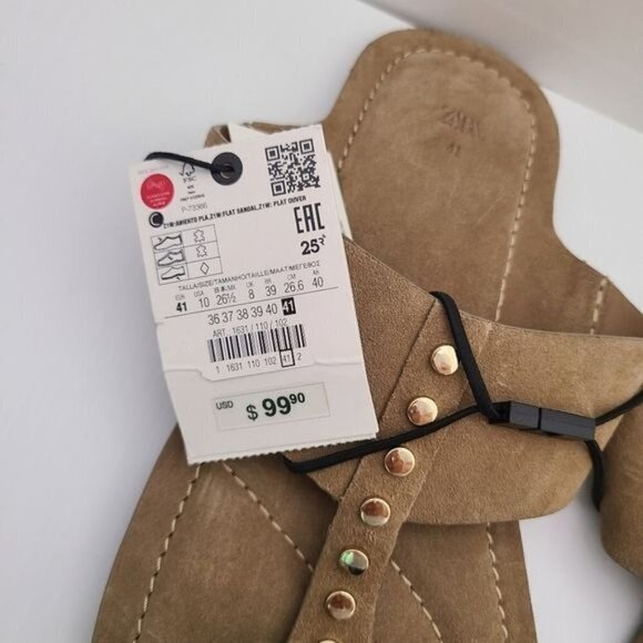 ZARA FLAT SPLIT SUEDE SLIDER SANDALS WITH STUDS Beige SIZE 10 | 1631/110/102 - Picture 6 of 9